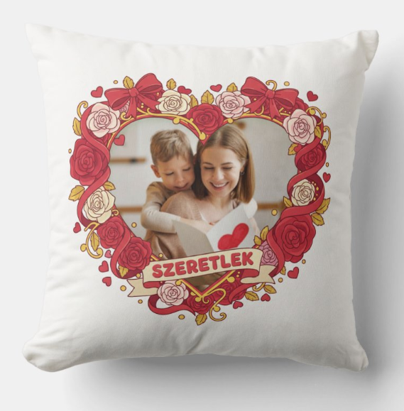 Egyedi fényképes párna - Anyáknapja - Szív virágok