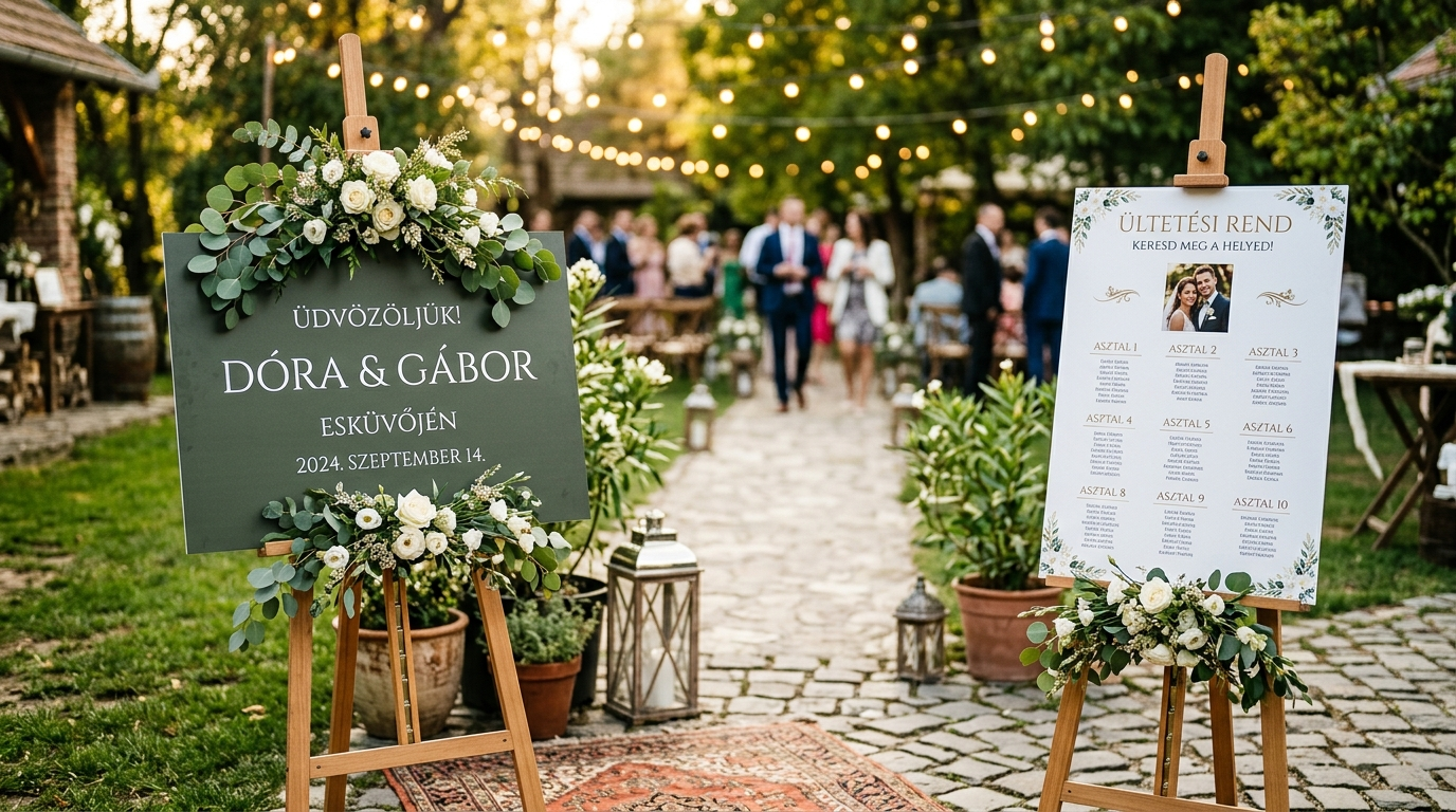 Esküvői ültetési rend és üdvözlő tábla